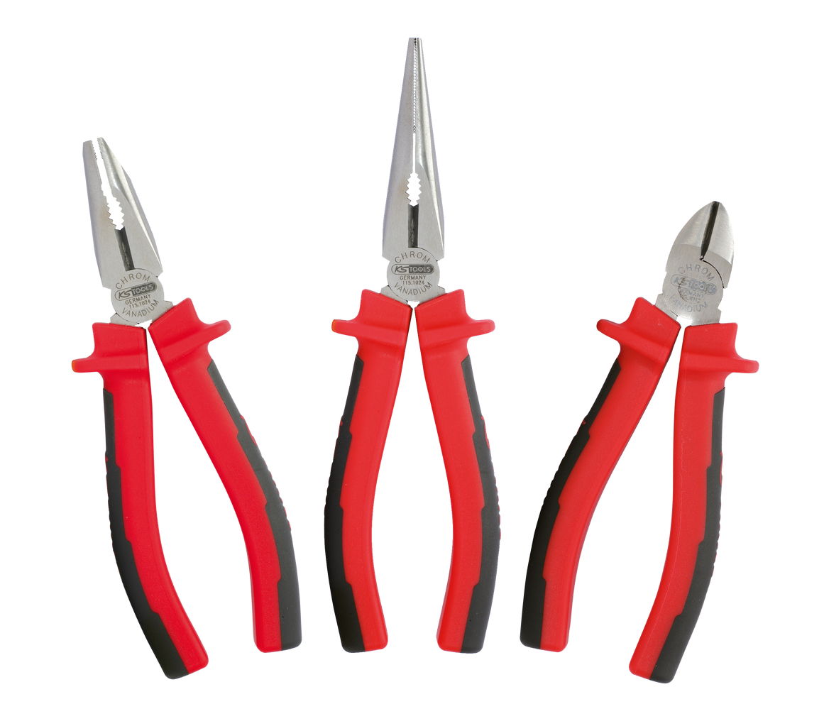 Jeu de 3 pinces KS, coupante L,165 mm, universelle L,180 mm, becs demi-rond L,21