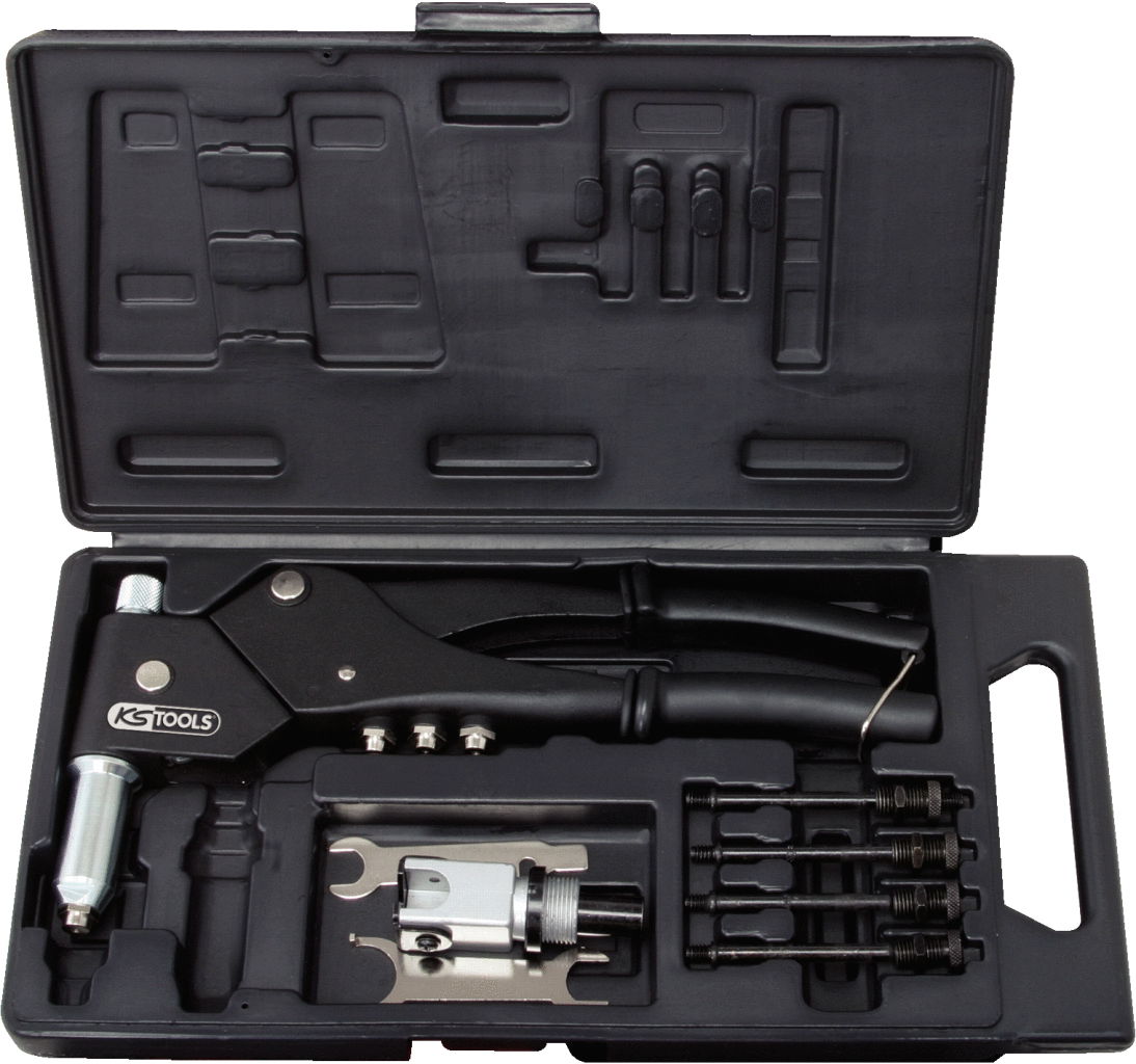 Coffret de pinces à rivets, écrous aveugles (insert) et chevilles tête pivotante