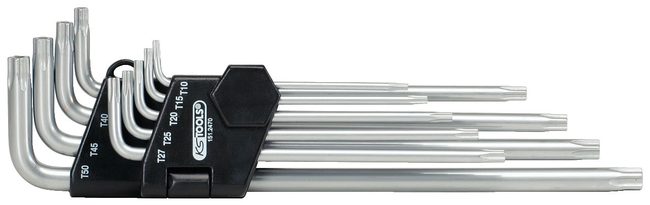 Jeu de clés mâles 5 pans percées extra longues, 9 pièces: T10 - T15 - T20 - T25 
