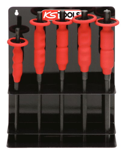 Présentoir de 5 chasse axes brunie avec poignée grip , 6-8-10-12-14 mm-