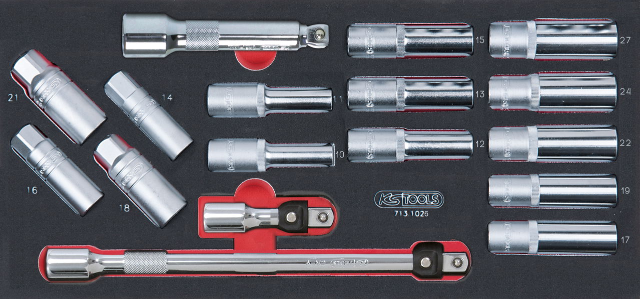 "Module de douilles longues et accessoires 1/2"",  17 pièces"""