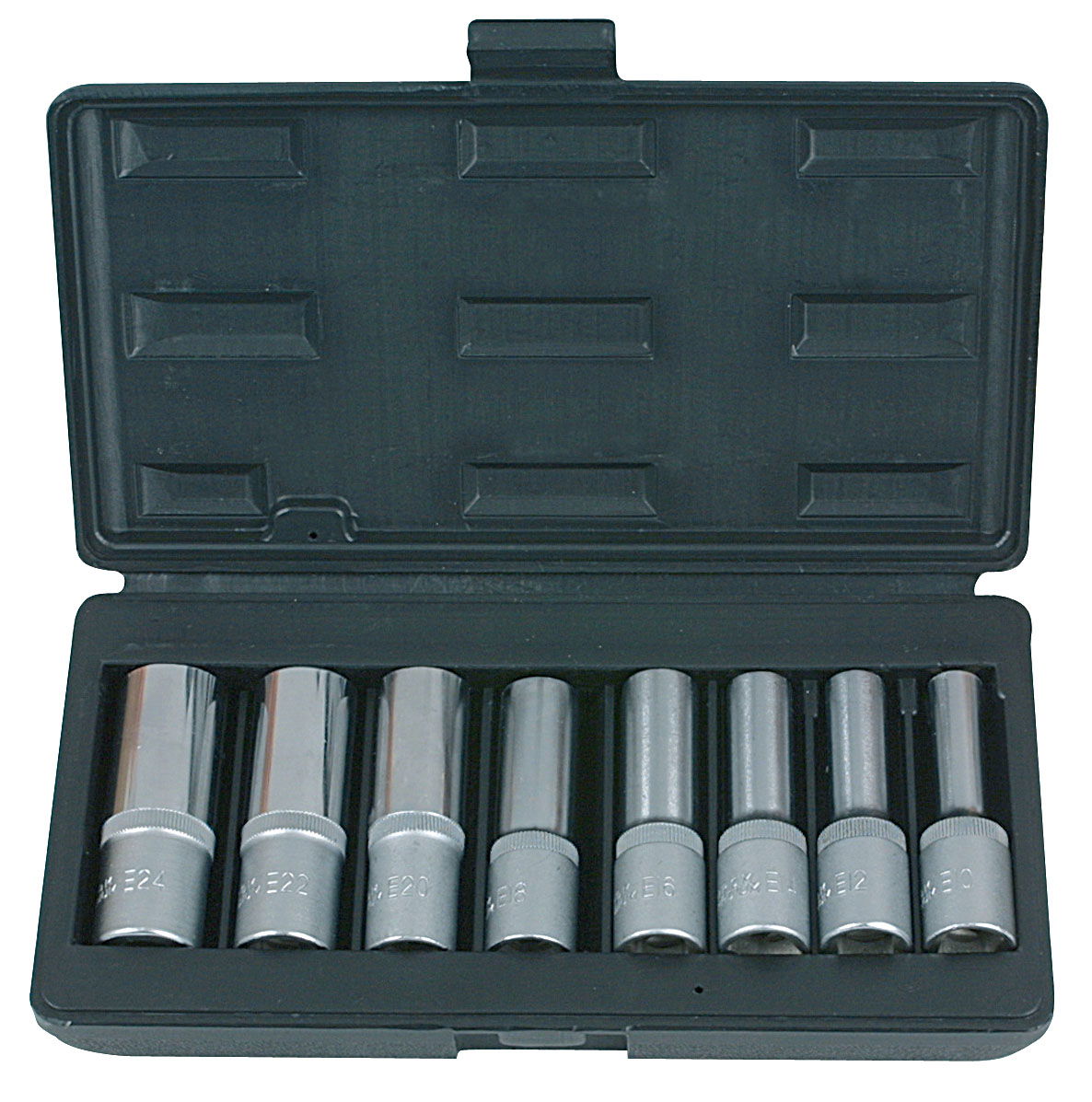 "Coffret de 8 douilles TORX®, L.75 mm -  1/2"" - E10 à E24"""