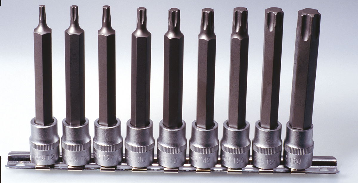Rail de 9 douilles tournevis TORX® 1/2'', L.110 mm - T20 à T60