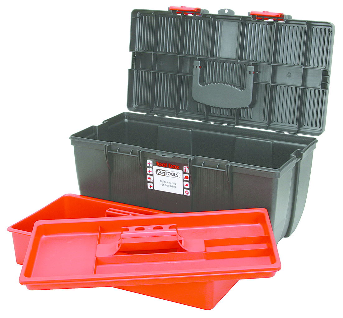 Boîte à outils de technicien en plastique, L500 X P268 X H230 avec plateau de rangement